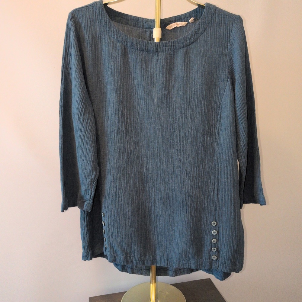 Soft Surroundings Tunic Women XL Teal Blue Crinkle Gauze Side Button Boho Top